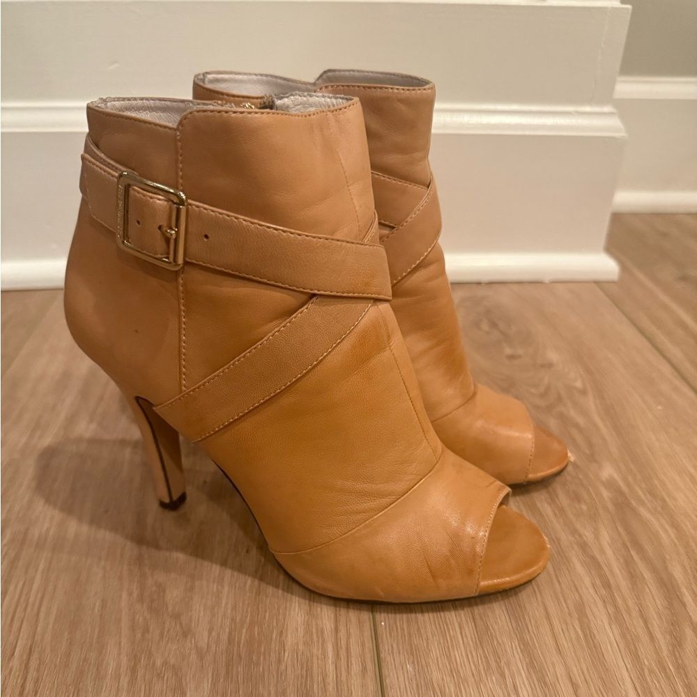 Vince Camuto Tan Peep-Toe Leather Ankle Boots